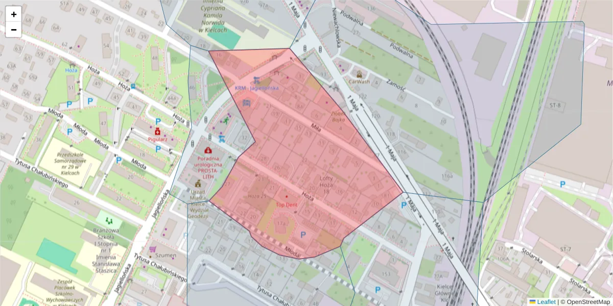 Szczegółowa mapa kodu pocztowego 25-612 z granicami, sąsiednimi kodami pocztowymi i urzędami pocztowymi
