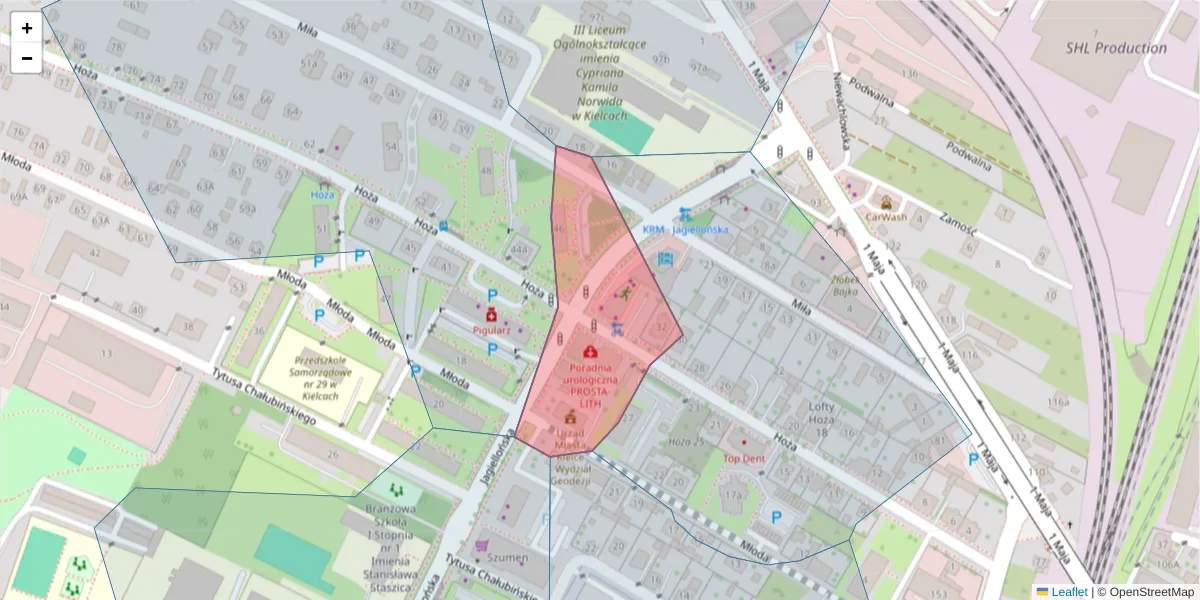 Szczegółowa mapa kodu pocztowego 25-613 z granicami, sąsiednimi kodami pocztowymi i urzędami pocztowymi