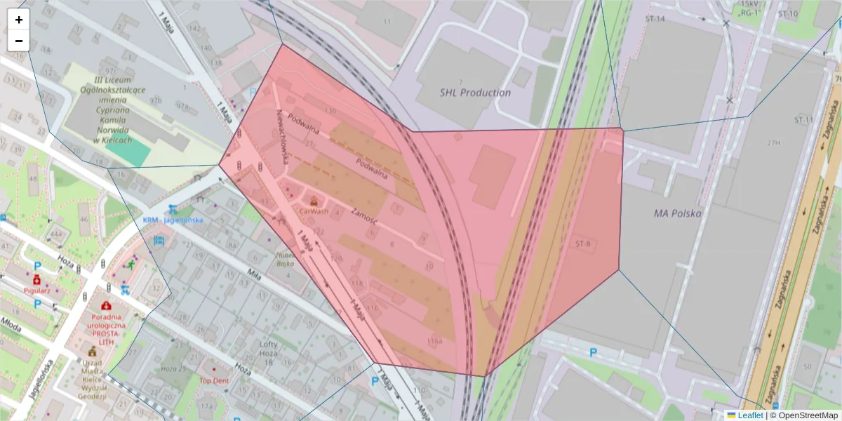 Szczegółowa mapa kodu pocztowego 25-615 z granicami, sąsiednimi kodami pocztowymi i urzędami pocztowymi