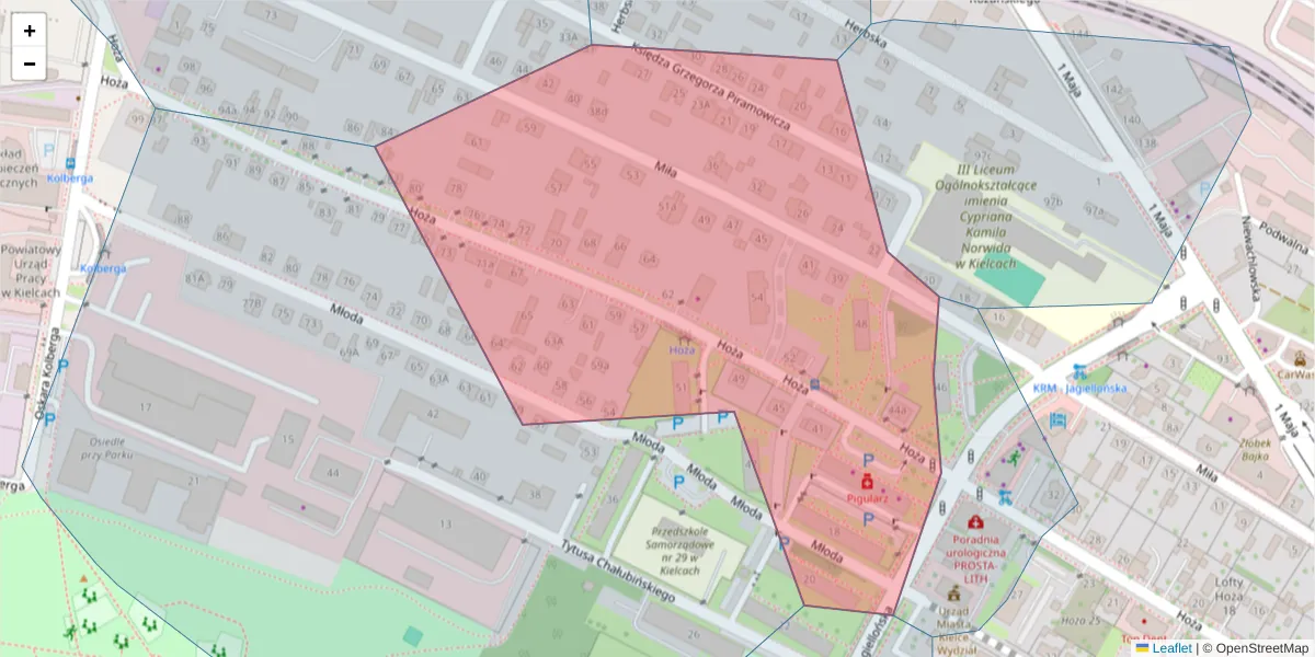 Szczegółowa mapa kodu pocztowego 25-618 z granicami, sąsiednimi kodami pocztowymi i urzędami pocztowymi