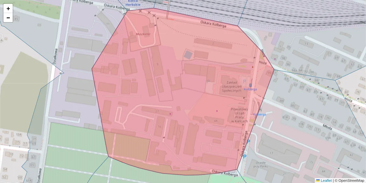 Szczegółowa mapa kodu pocztowego 25-620 z granicami, sąsiednimi kodami pocztowymi i urzędami pocztowymi