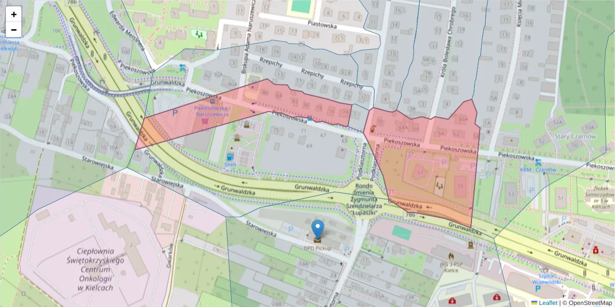 Szczegółowa mapa kodu pocztowego 25-625 z granicami, sąsiednimi kodami pocztowymi i urzędami pocztowymi