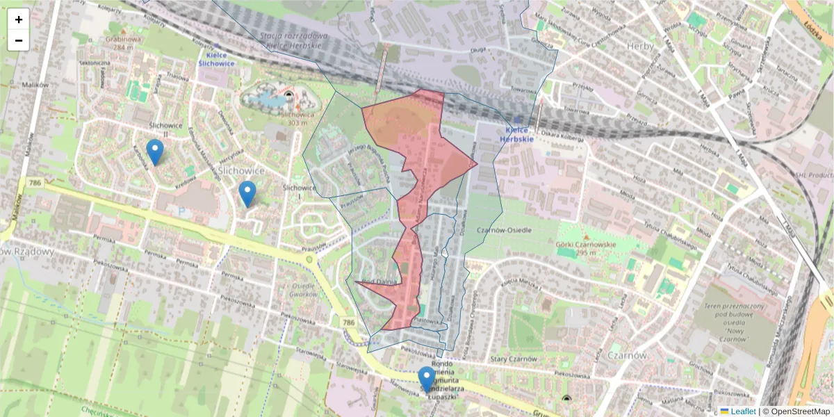 Szczegółowa mapa kodu pocztowego 25-628 z granicami, sąsiednimi kodami pocztowymi i urzędami pocztowymi