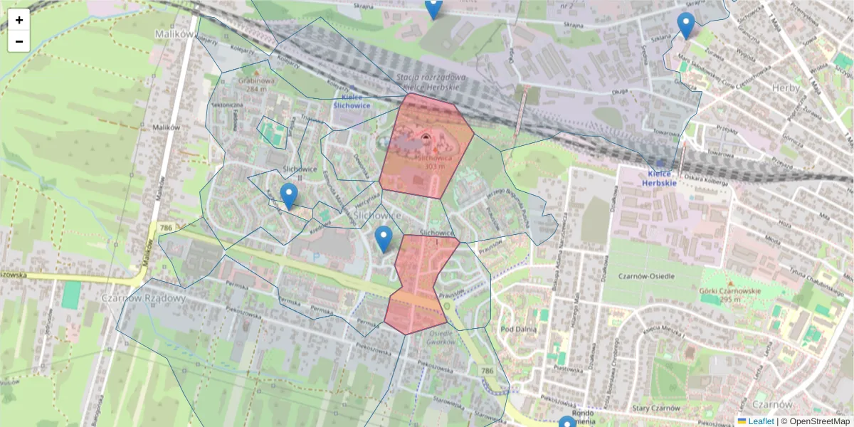 Szczegółowa mapa kodu pocztowego 25-633 z granicami, sąsiednimi kodami pocztowymi i urzędami pocztowymi
