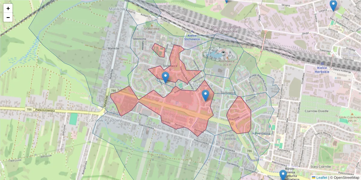 Szczegółowa mapa kodu pocztowego 25-636 z granicami, sąsiednimi kodami pocztowymi i urzędami pocztowymi