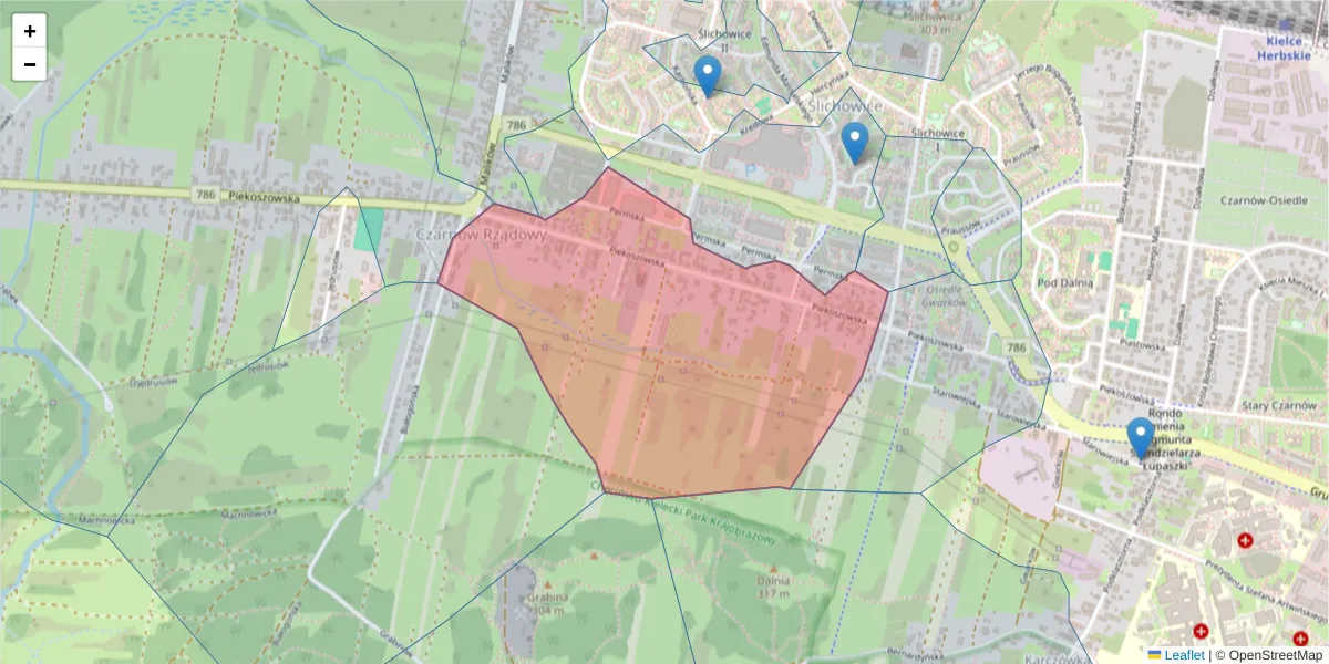 Szczegółowa mapa kodu pocztowego 25-638 z granicami, sąsiednimi kodami pocztowymi i urzędami pocztowymi