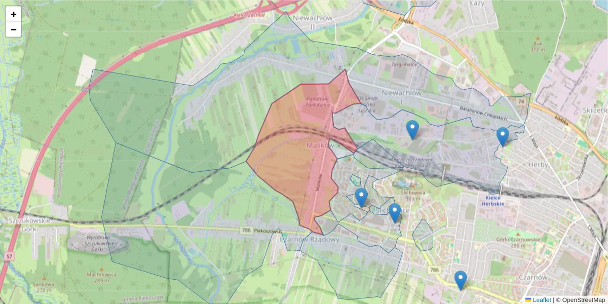Szczegółowa mapa kodu pocztowego 25-639 z granicami, sąsiednimi kodami pocztowymi i urzędami pocztowymi