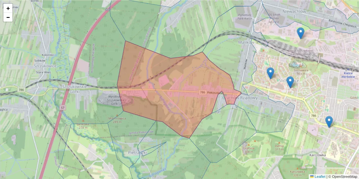 Szczegółowa mapa kodu pocztowego 25-645 z granicami, sąsiednimi kodami pocztowymi i urzędami pocztowymi