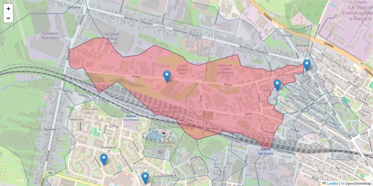Szczegółowa mapa kodu pocztowego 25-650 z granicami, sąsiednimi kodami pocztowymi i urzędami pocztowymi