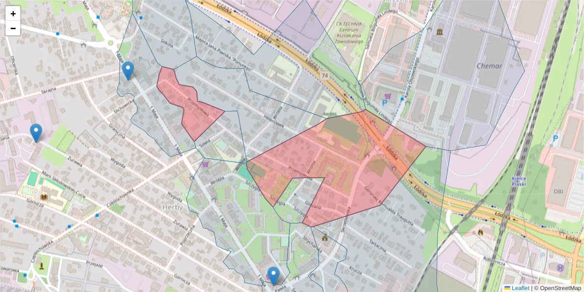 Szczegółowa mapa kodu pocztowego 25-660 z granicami, sąsiednimi kodami pocztowymi i urzędami pocztowymi