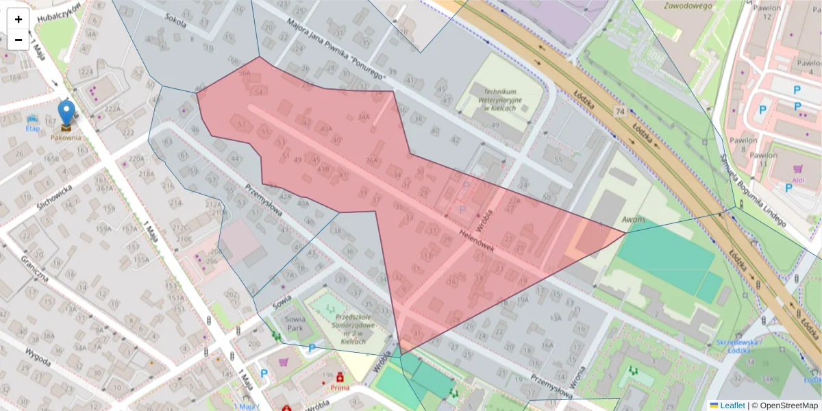 Szczegółowa mapa kodu pocztowego 25-661 z granicami, sąsiednimi kodami pocztowymi i urzędami pocztowymi