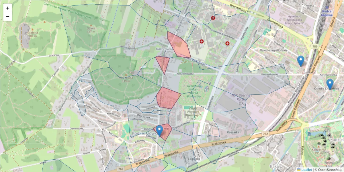 Szczegółowa mapa kodu pocztowego 25-714 z granicami, sąsiednimi kodami pocztowymi i urzędami pocztowymi