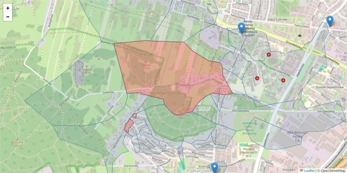 Szczegółowa mapa kodu pocztowego 25-716 z granicami, sąsiednimi kodami pocztowymi i urzędami pocztowymi