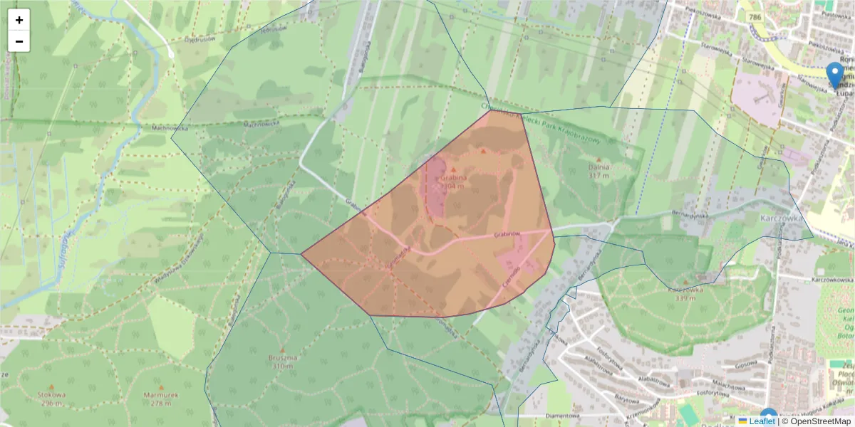 Szczegółowa mapa kodu pocztowego 25-721 z granicami, sąsiednimi kodami pocztowymi i urzędami pocztowymi
