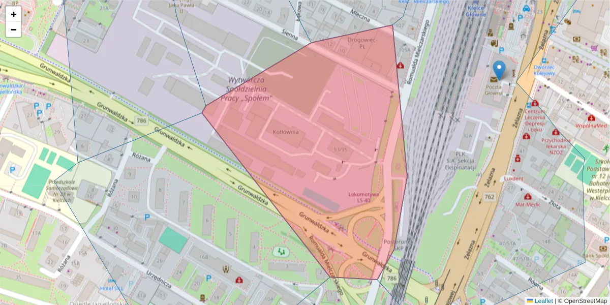 Szczegółowa mapa kodu pocztowego 25-726 z granicami, sąsiednimi kodami pocztowymi i urzędami pocztowymi