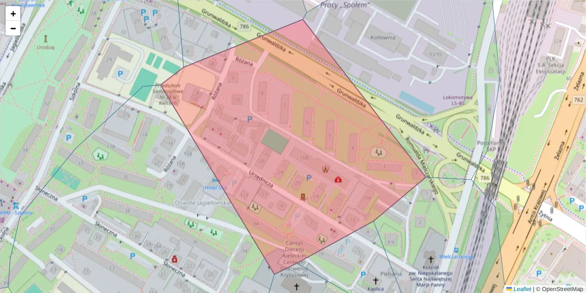 Szczegółowa mapa kodu pocztowego 25-729 z granicami, sąsiednimi kodami pocztowymi i urzędami pocztowymi
