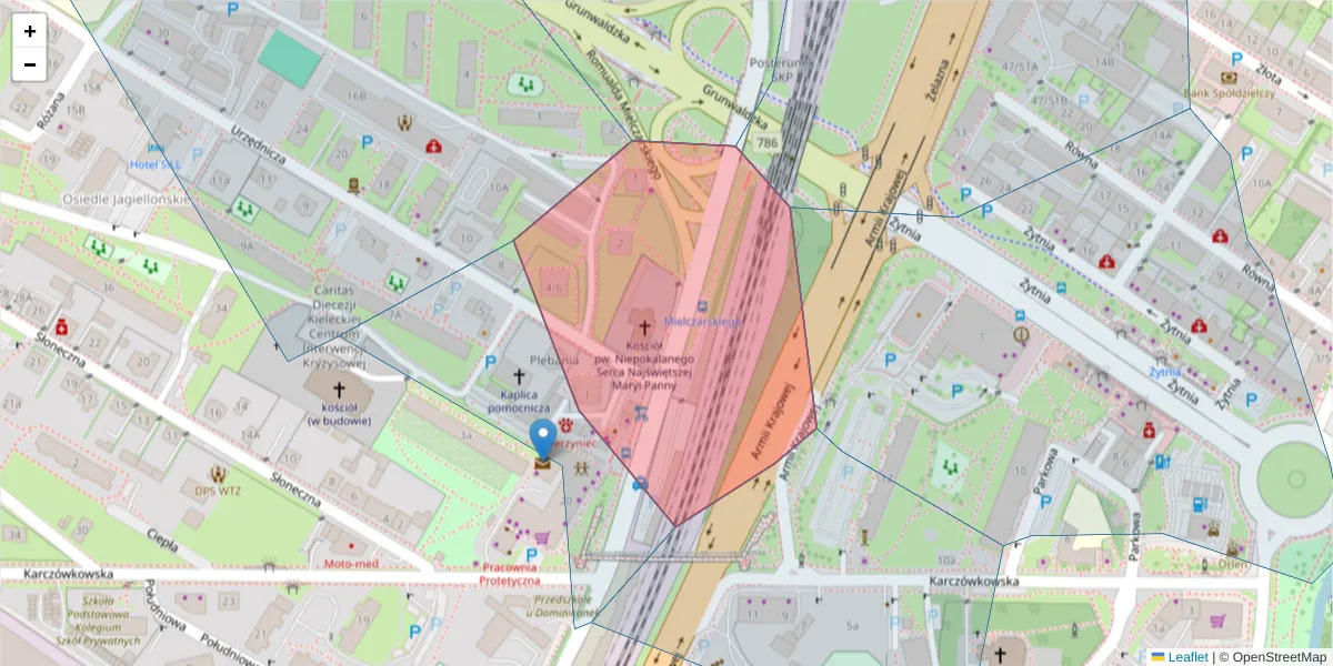 Szczegółowa mapa kodu pocztowego 25-730 z granicami, sąsiednimi kodami pocztowymi i urzędami pocztowymi
