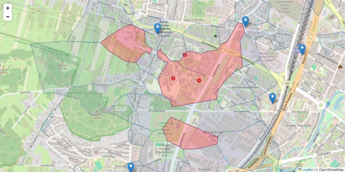 Szczegółowa mapa kodu pocztowego 25-734 z granicami, sąsiednimi kodami pocztowymi i urzędami pocztowymi
