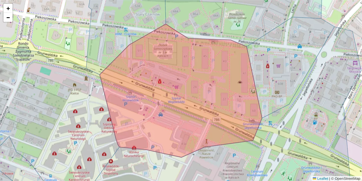 Szczegółowa mapa kodu pocztowego 25-736 z granicami, sąsiednimi kodami pocztowymi i urzędami pocztowymi