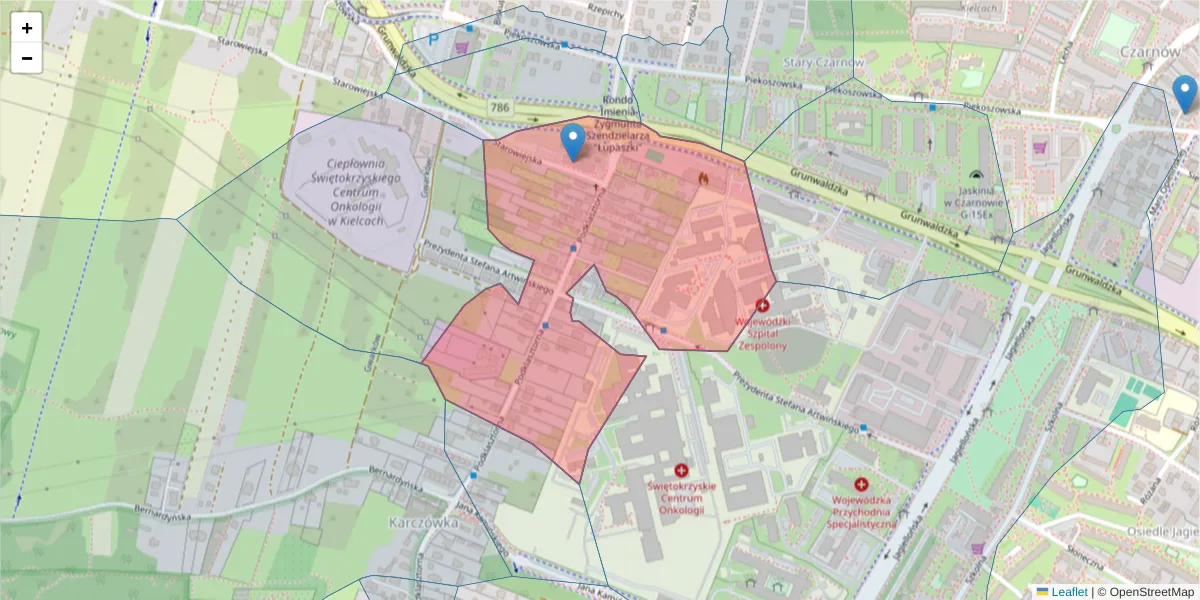 Szczegółowa mapa kodu pocztowego 25-738 z granicami, sąsiednimi kodami pocztowymi i urzędami pocztowymi