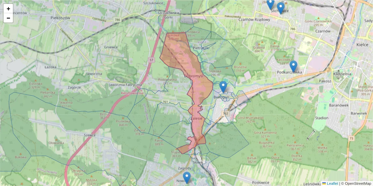 Szczegółowa mapa kodu pocztowego 25-825 z granicami, sąsiednimi kodami pocztowymi i urzędami pocztowymi