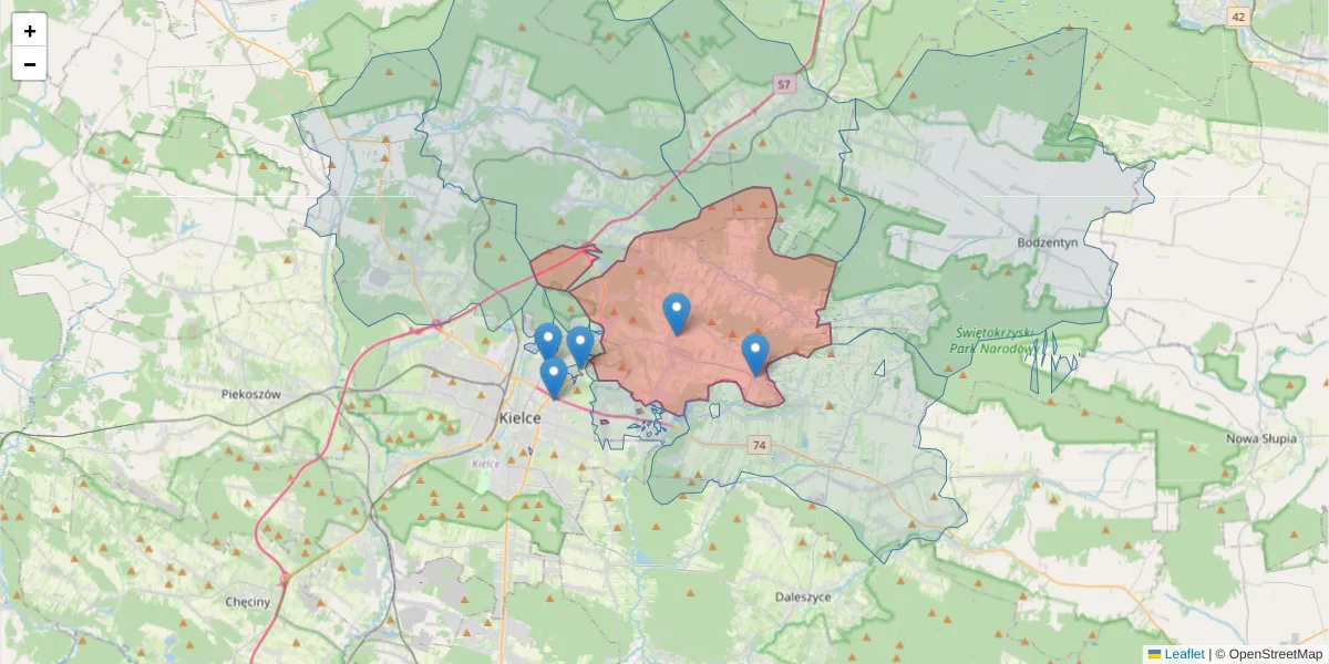 Szczegółowa mapa kodu pocztowego 26-001 z granicami, sąsiednimi kodami pocztowymi i urzędami pocztowymi