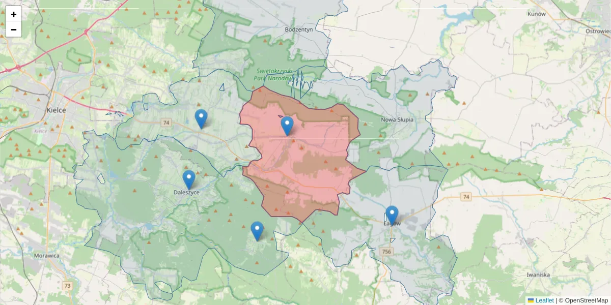 Szczegółowa mapa kodu pocztowego 26-004 z granicami, sąsiednimi kodami pocztowymi i urzędami pocztowymi
