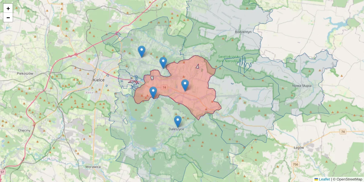 Szczegółowa mapa kodu pocztowego 26-008 z granicami, sąsiednimi kodami pocztowymi i urzędami pocztowymi