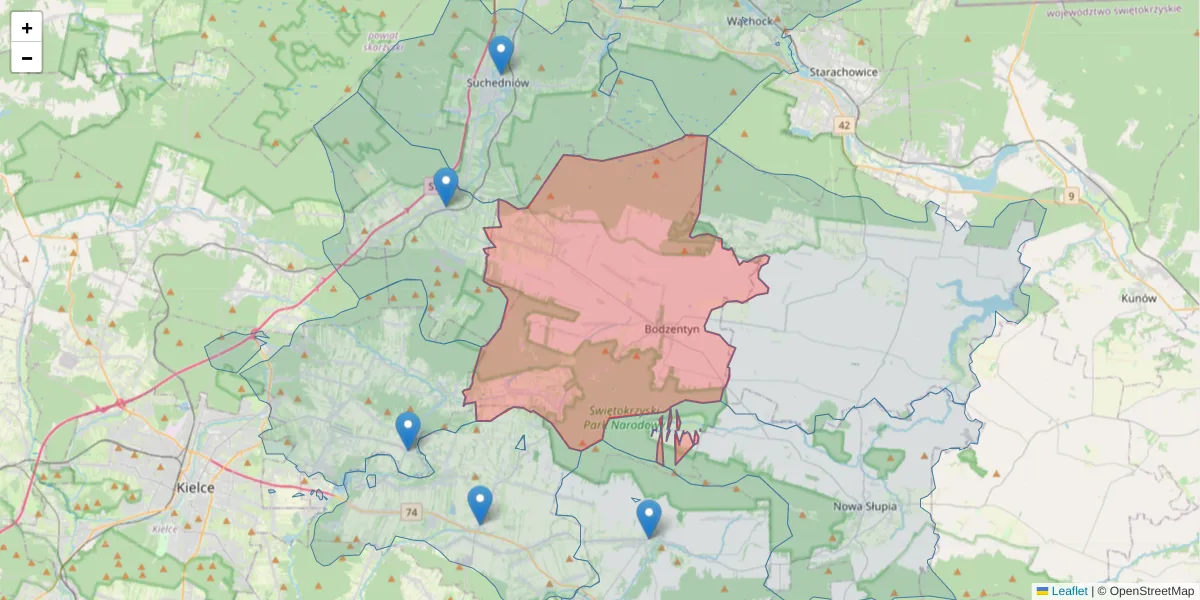 Szczegółowa mapa kodu pocztowego 26-010 z granicami, sąsiednimi kodami pocztowymi i urzędami pocztowymi