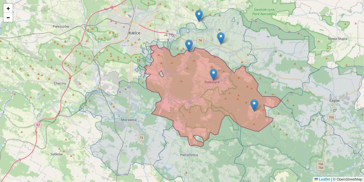 Szczegółowa mapa kodu pocztowego 26-021 z granicami, sąsiednimi kodami pocztowymi i urzędami pocztowymi
