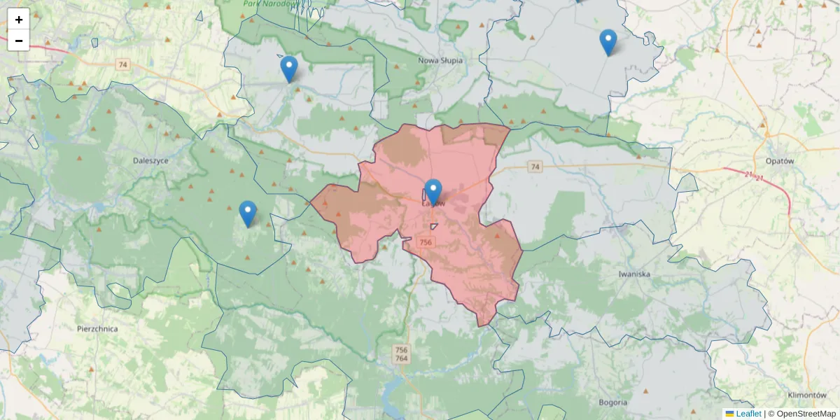 Szczegółowa mapa kodu pocztowego 26-025 z granicami, sąsiednimi kodami pocztowymi i urzędami pocztowymi
