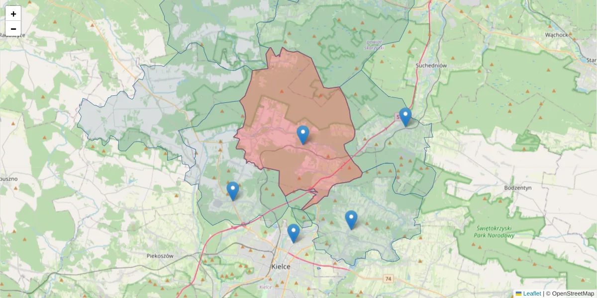 Szczegółowa mapa kodu pocztowego 26-050 z granicami, sąsiednimi kodami pocztowymi i urzędami pocztowymi