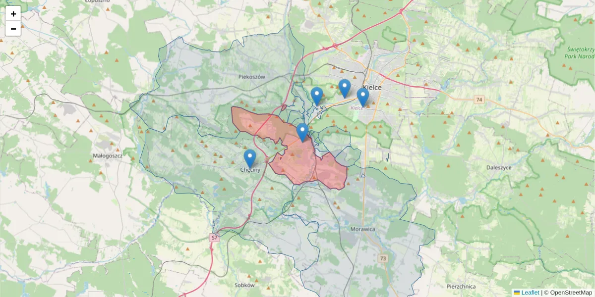 Szczegółowa mapa kodu pocztowego 26-052 z granicami, sąsiednimi kodami pocztowymi i urzędami pocztowymi