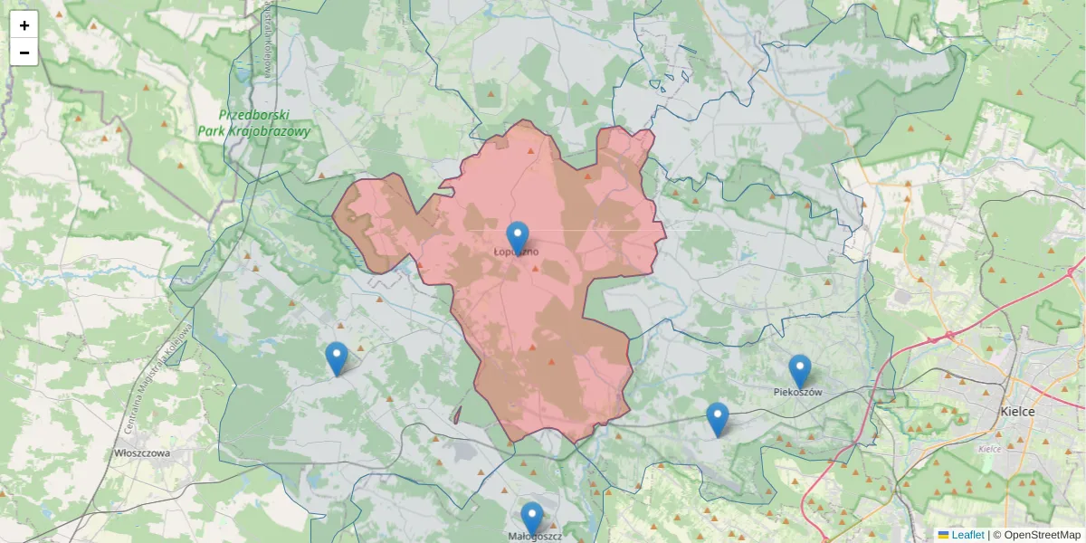 Szczegółowa mapa kodu pocztowego 26-070 z granicami, sąsiednimi kodami pocztowymi i urzędami pocztowymi
