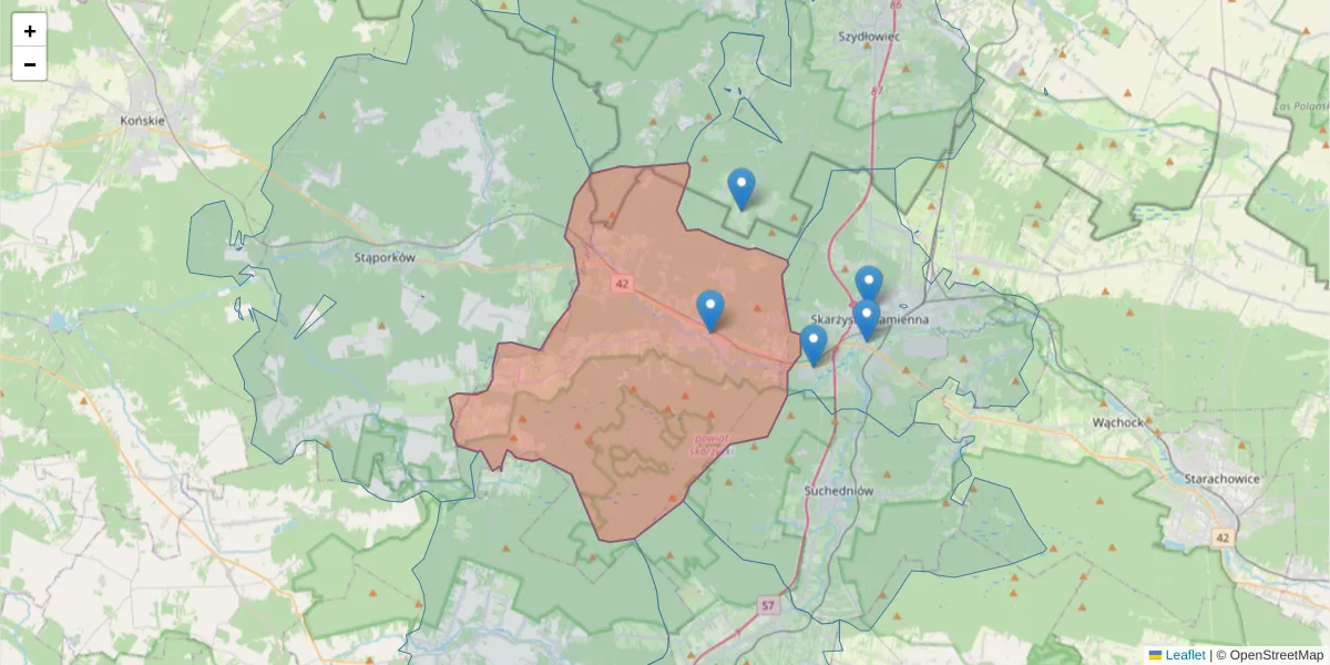 Szczegółowa mapa kodu pocztowego 26-120 z granicami, sąsiednimi kodami pocztowymi i urzędami pocztowymi