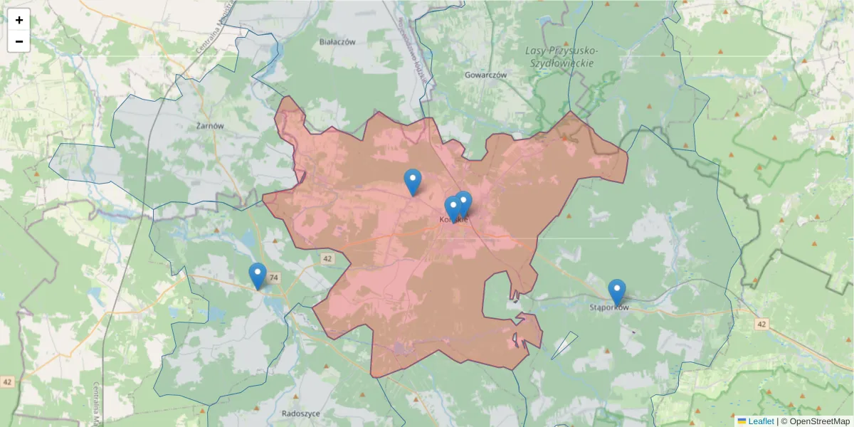 Szczegółowa mapa kodu pocztowego 26-200 z granicami, sąsiednimi kodami pocztowymi i urzędami pocztowymi