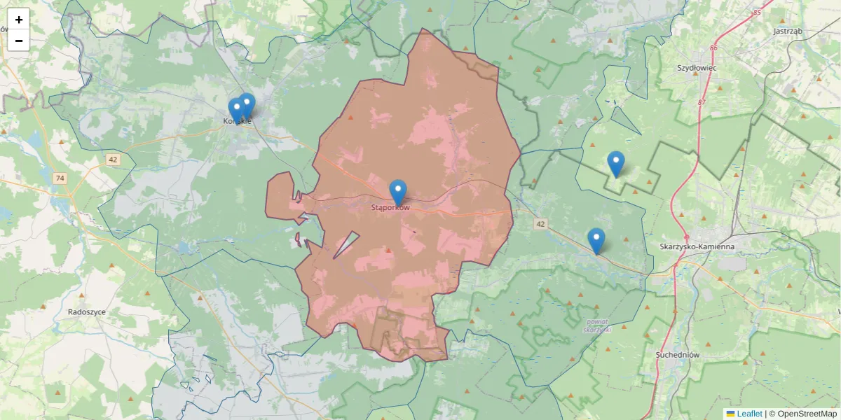 Szczegółowa mapa kodu pocztowego 26-220 z granicami, sąsiednimi kodami pocztowymi i urzędami pocztowymi