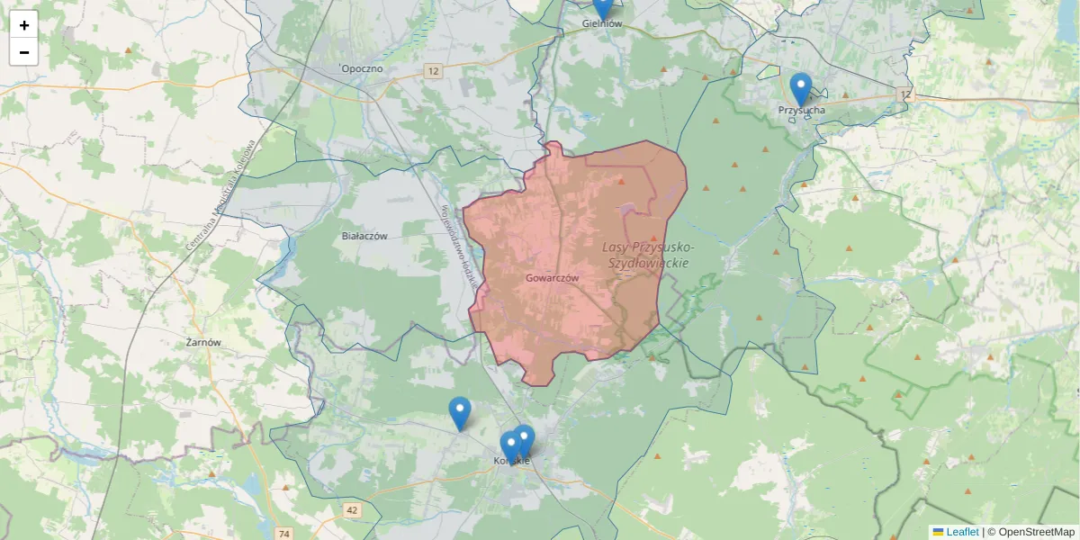 Szczegółowa mapa kodu pocztowego 26-225 z granicami, sąsiednimi kodami pocztowymi i urzędami pocztowymi