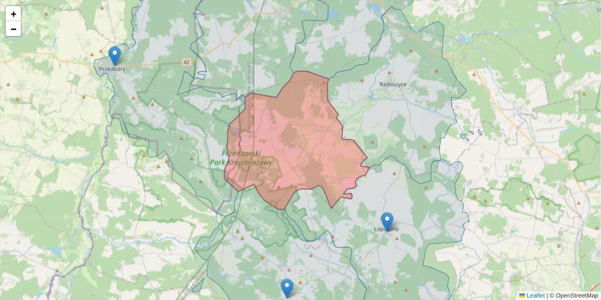 Szczegółowa mapa kodu pocztowego 26-234 z granicami, sąsiednimi kodami pocztowymi i urzędami pocztowymi