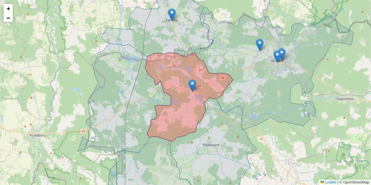 Szczegółowa mapa kodu pocztowego 26-242 z granicami, sąsiednimi kodami pocztowymi i urzędami pocztowymi
