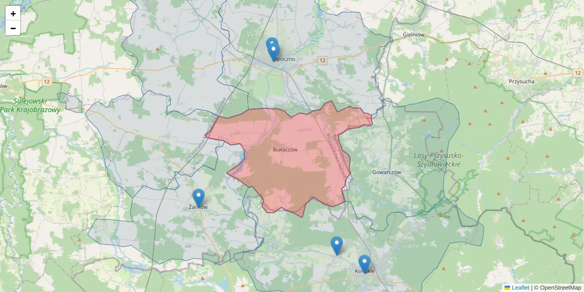 Szczegółowa mapa kodu pocztowego 26-307 z granicami, sąsiednimi kodami pocztowymi i urzędami pocztowymi