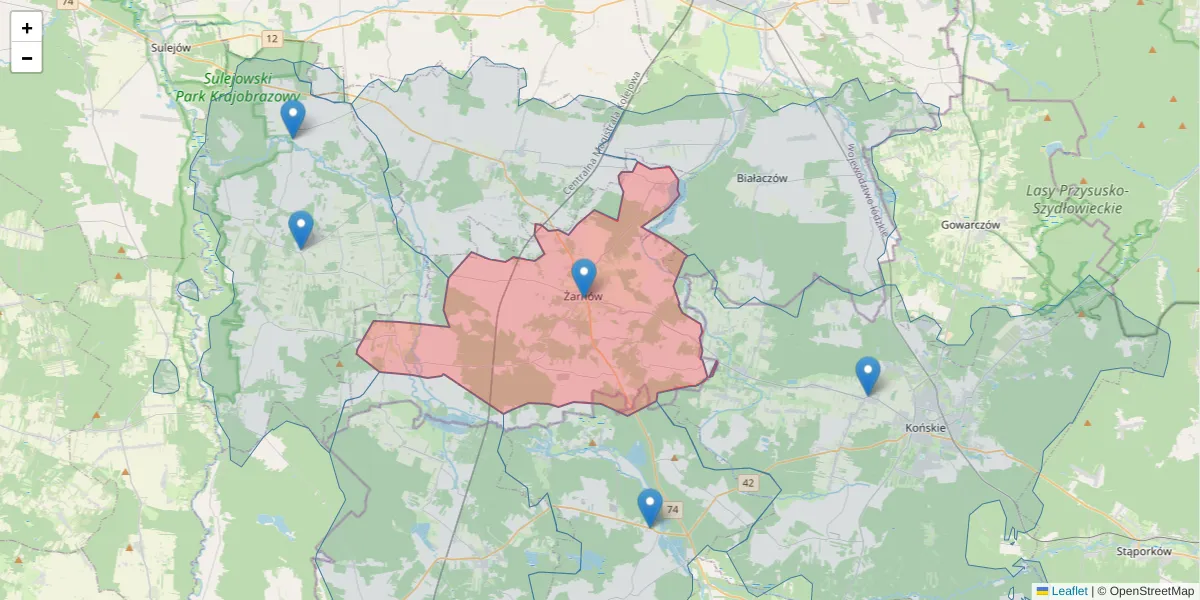 Szczegółowa mapa kodu pocztowego 26-330 z granicami, sąsiednimi kodami pocztowymi i urzędami pocztowymi