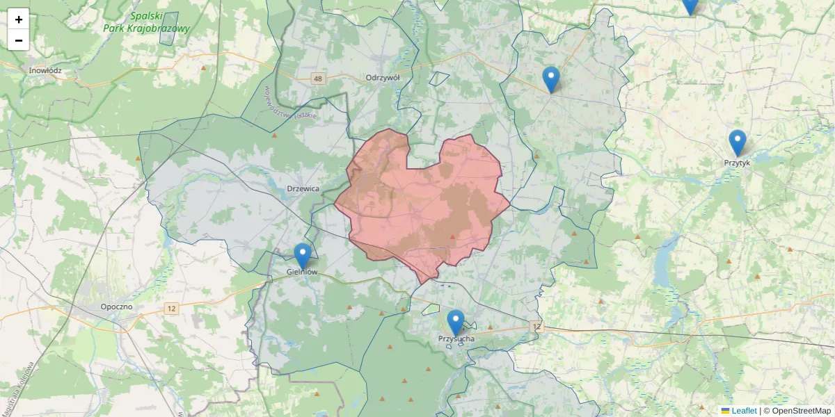 Szczegółowa mapa kodu pocztowego 26-411 z granicami, sąsiednimi kodami pocztowymi i urzędami pocztowymi