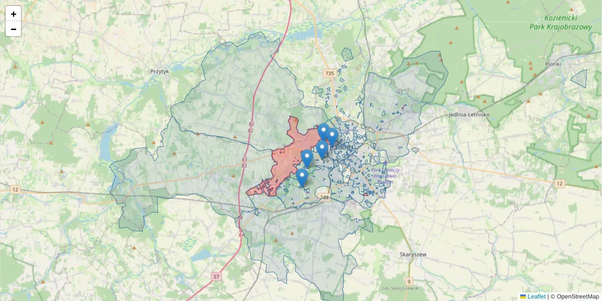 Szczegółowa mapa kodu pocztowego 26-601 z granicami, sąsiednimi kodami pocztowymi i urzędami pocztowymi