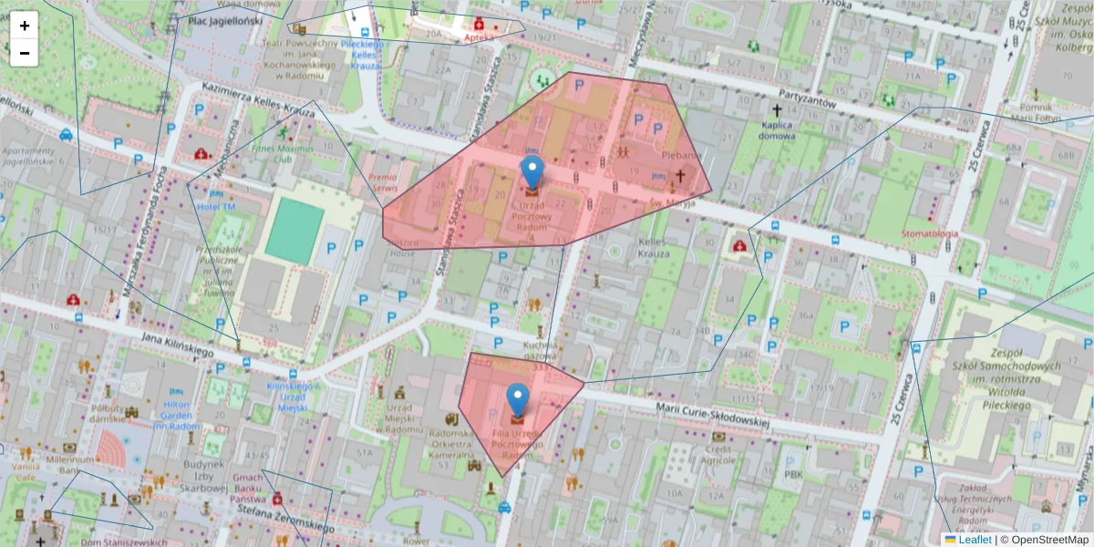Szczegółowa mapa kodu pocztowego 26-602 z granicami, sąsiednimi kodami pocztowymi i urzędami pocztowymi