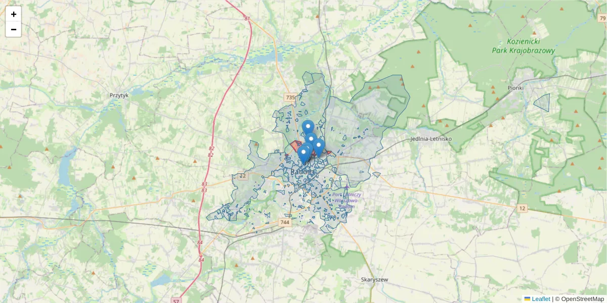Szczegółowa mapa kodu pocztowego 26-605 z granicami, sąsiednimi kodami pocztowymi i urzędami pocztowymi