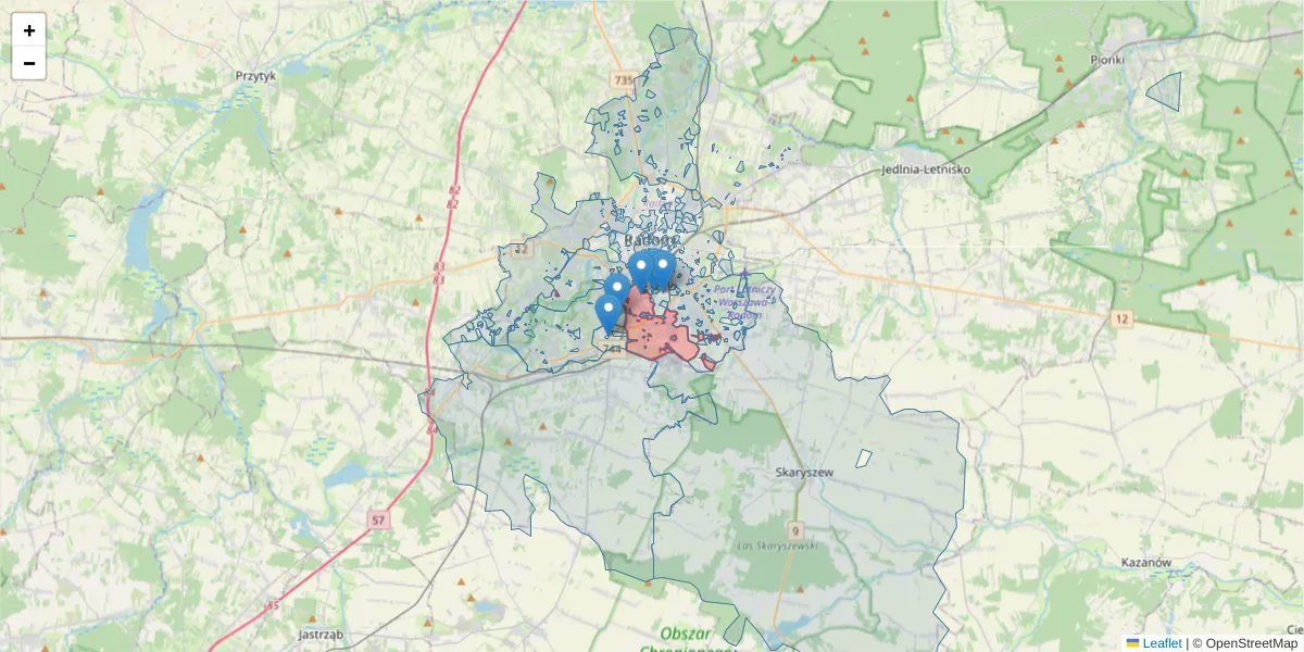Szczegółowa mapa kodu pocztowego 26-606 z granicami, sąsiednimi kodami pocztowymi i urzędami pocztowymi