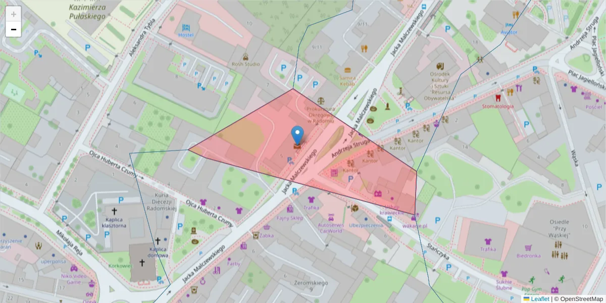 Szczegółowa mapa kodu pocztowego 26-607 z granicami, sąsiednimi kodami pocztowymi i urzędami pocztowymi