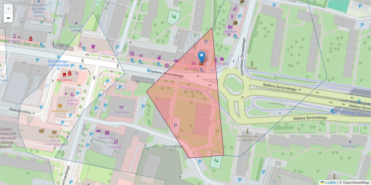 Szczegółowa mapa kodu pocztowego 26-608 z granicami, sąsiednimi kodami pocztowymi i urzędami pocztowymi