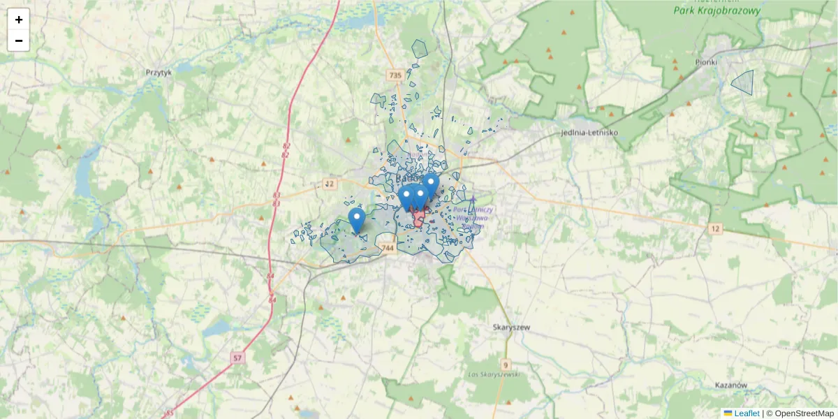 Szczegółowa mapa kodu pocztowego 26-611 z granicami, sąsiednimi kodami pocztowymi i urzędami pocztowymi